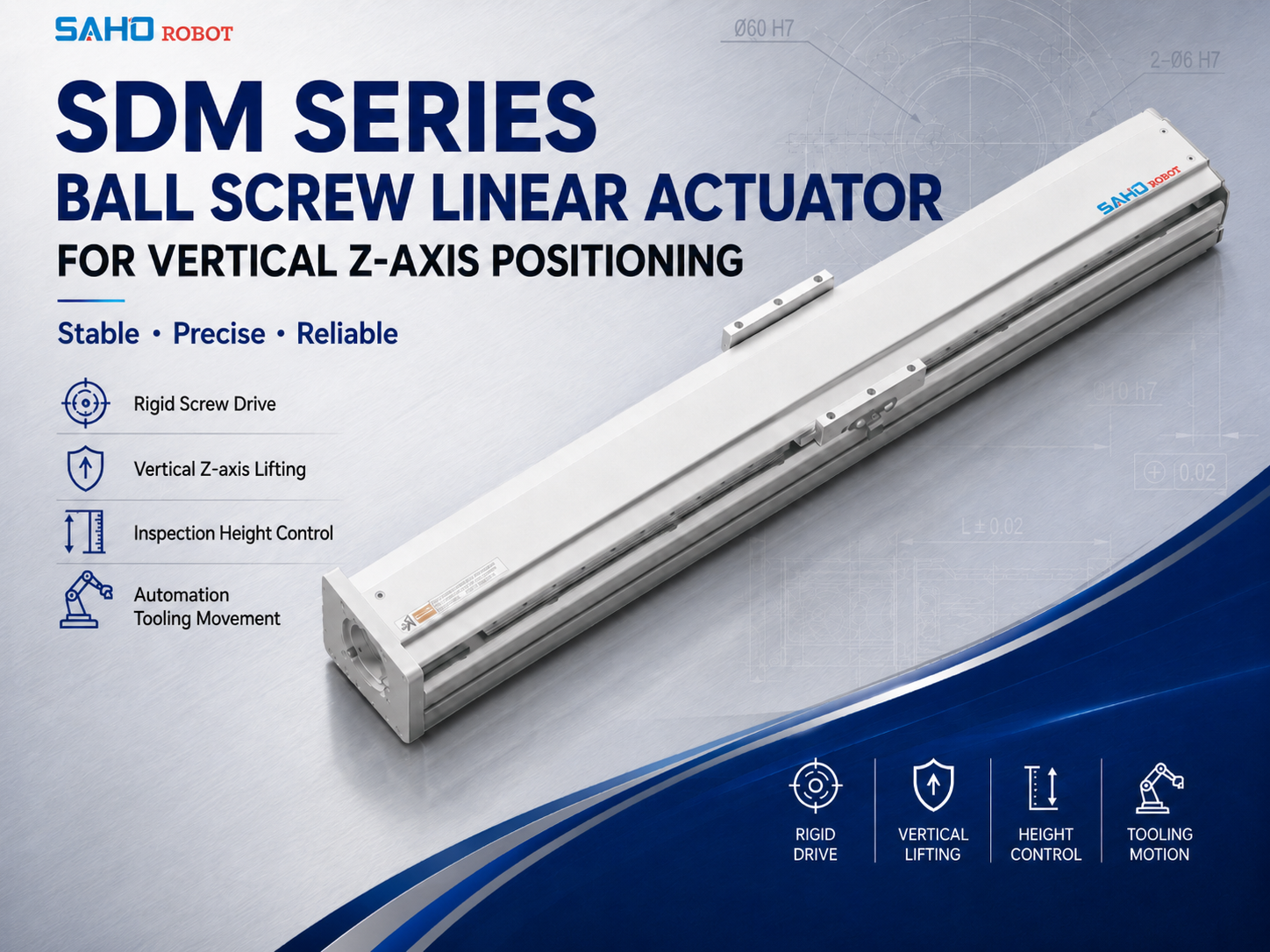 SAHO SDM Series ball screw linear actuator for vertical Z-axis positioning and automation tooling