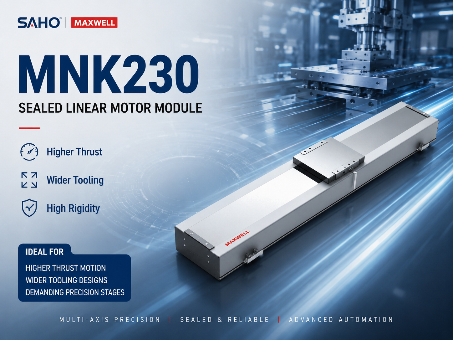 SAHO MNK230 sealed linear motor module for higher thrust precision stage applications