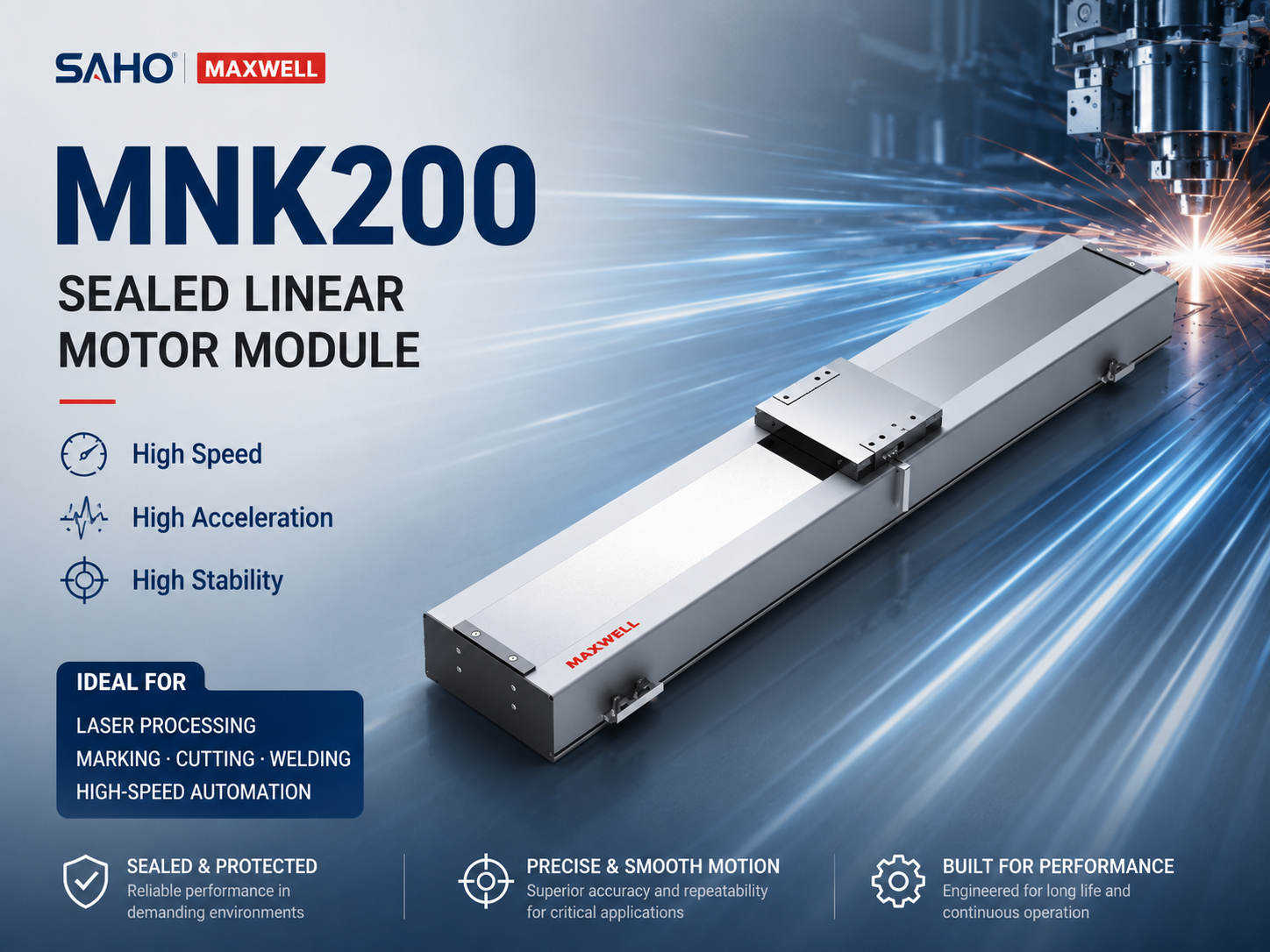 SAHO MNK200 sealed linear motor module for laser processing and semiconductor inspection motion