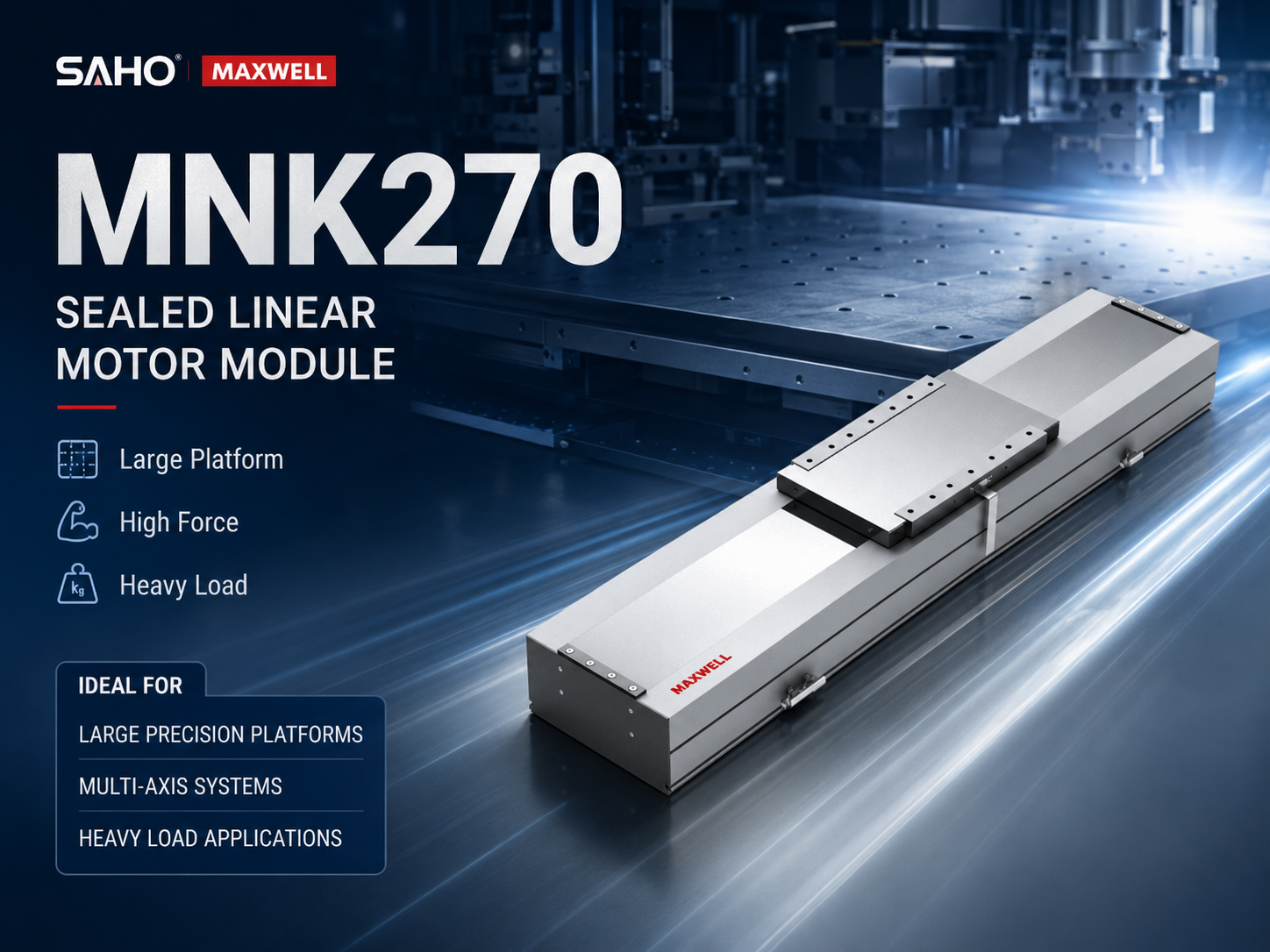 SAHO MNK270 sealed linear motor module for large precision platforms and high force motion