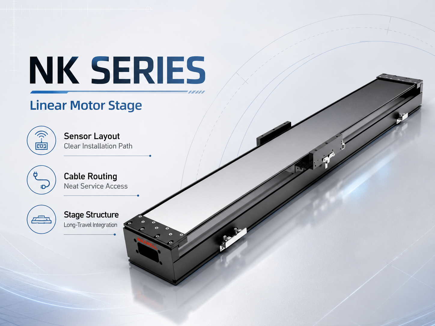 NK linear motor stage for sensor bracket, cable path and maintenance-access review