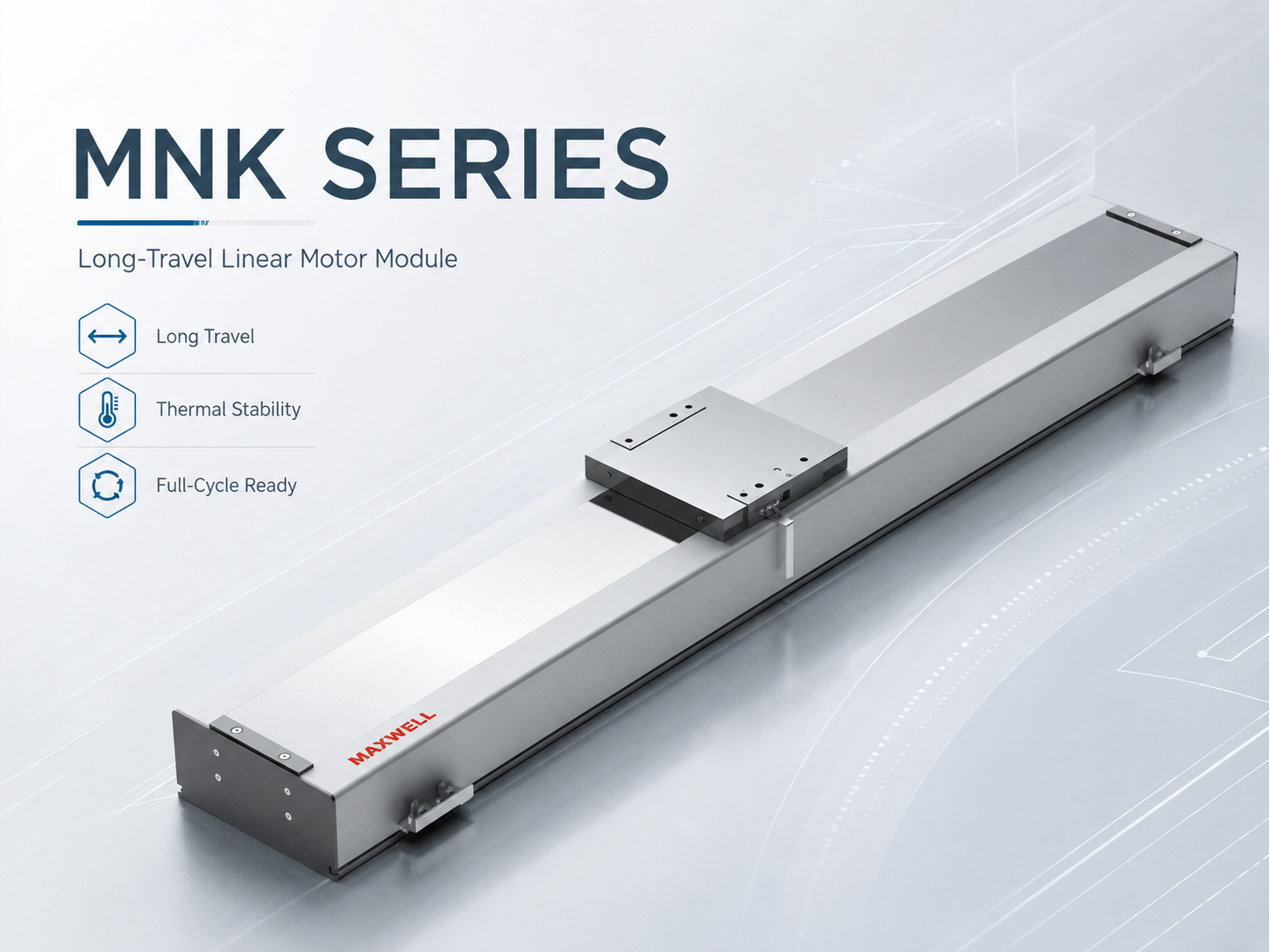 MNK long-travel linear motor stage with cable carrier and sensor layout
